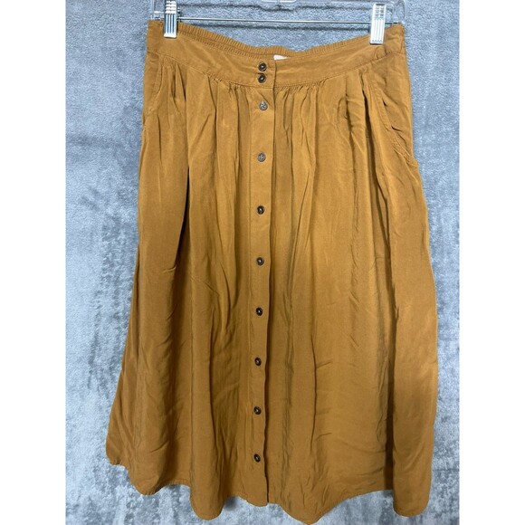 Forever 21 Camel Brown Button Front Midi Skirt M Rayon A Line Pockets Boho - Picture 10 of 15
